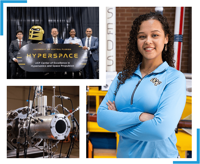 A collage of photos from UCF's Hyperspace lab: UCF President Alexander Cartwright, Knightro, professor Kareem Ahmed, aerospace engineering major Ossyris Bury, and a prototype in a lab. Blue lines frame the collage.