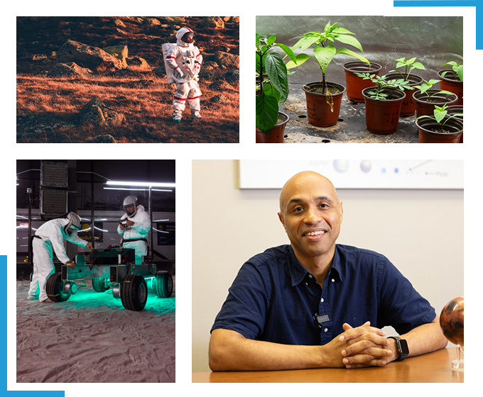 A collage depicting research beyond earth: a rendering of an astronaut standing on the Mars, plants in a grow tent, researchers adjusting a lunar rover prototype in the regolith lab, and UCF physics researcher and planetary scientist Ramses Ramirez. Blue lines frame the collage.