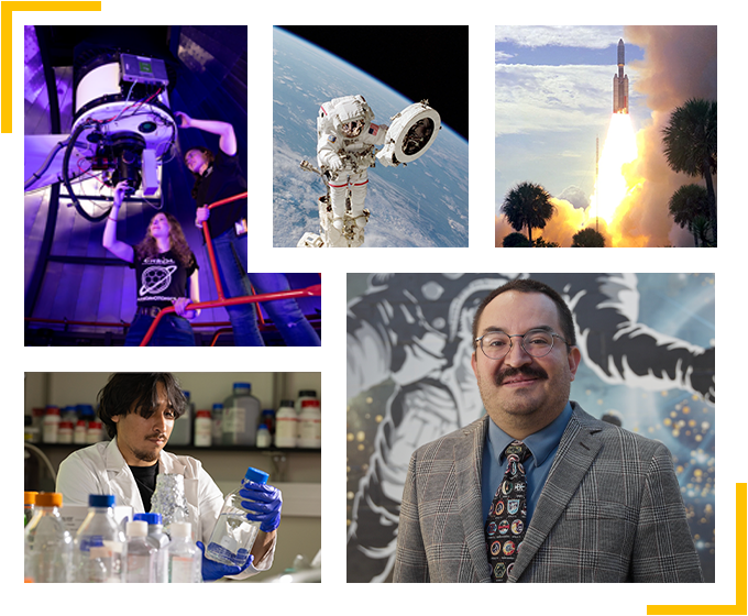 A collage of photos depicting research in health and human performance in space: researchers in an observatory, an astronaut working in orbit, a rocket launch, Emmanuel Urquieta, Vice Chair of Aerospace Medicine, a researcher in a lab working with bottles. Blue lines frame the collage.