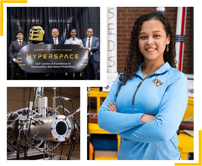 A collage of photos from UCF's Hyperspace lab: UCF President Alexander Cartwright, Knightro, professor Kareem Ahmed, aerospace engineering major Ossyris Bury, and a prototype in a lab. Blue lines frame the collage.