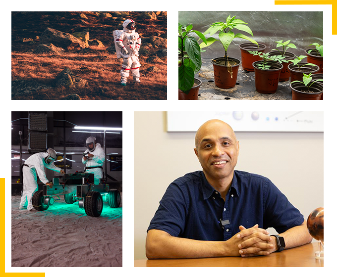 A collage depicting research beyond earth: a rendering of an astronaut standing on the Mars, plants in a grow tent, researchers adjusting a lunar rover prototype in the regolith lab, and UCF physics researcher and planetary scientist Ramses Ramirez. Blue lines frame the collage.