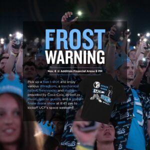 Pick up a free t-shirt and enjoy various attractions, a mechanical rocket, free snacks and slushies provided by Coca-Cola, as well as music, special guests, and a grand finale drone show at 8:45 p.m. to kickoff UCF's space weekend!