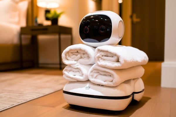 A delivery robot holding folded towels in a hotel room setting.