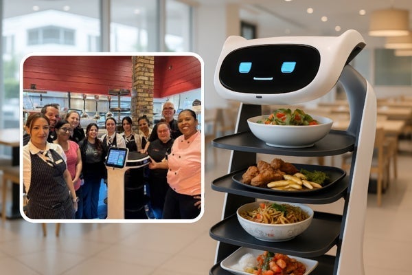 Composed image showing a group of restaurant staff gathered around a service robot in a kitchen on the left, and a food‑serving robot carrying multiple trays of dishes on the right.