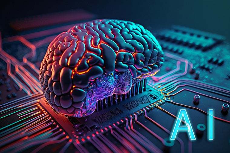 A brain plugged into a microprocessor, with the letters AI in the bottom right hand corner of the image.