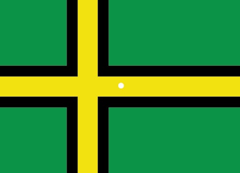 A green flag with a yellow cross outlined in black. A small white circle is located slightly right of the center, over the horizontal stripe.