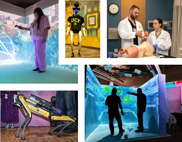 A collage shows people, like Carolina Cruz Neira interacting with robots, using virtual reality, practicing medical procedures on a mannequin, and standing with a robotic dog in high-tech environments.