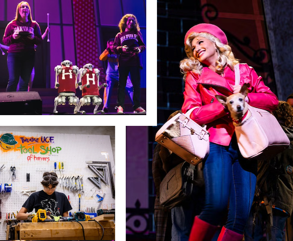 A collage of three images: students performing Legally Blonge on stage for, a woman in pink holding a small dog, and a person working with tools in a workshop.