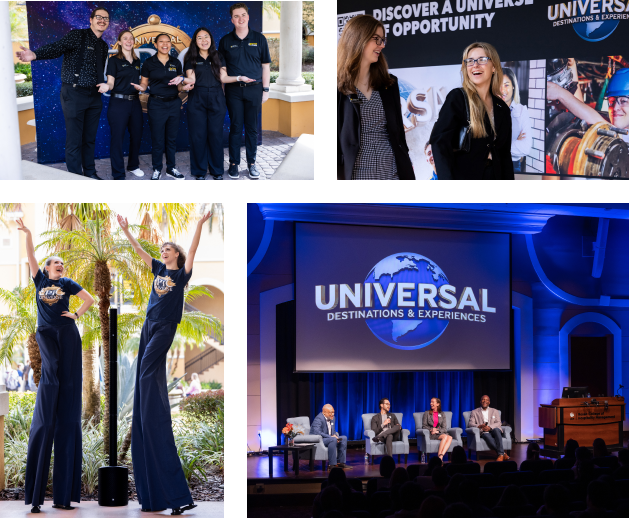 A collage showing: a group posing with trophies, two women speaking near a Universal banner, two performers on stilts, and a panel discussion on stage under a “Universal Destinations & Experiences” screen.