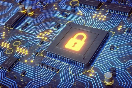 A digital illustration of a computer circuit board with a glowing padlock icon at the center, symbolizing cybersecurity and data protection. Blue circuit lines connect various electronic components.