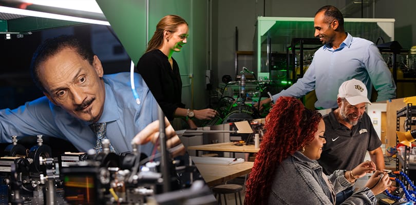 UCF students and faculty working with equipment in various research labs.