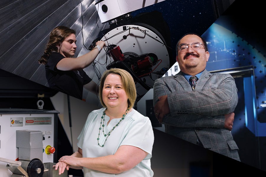 A collage of a UCF student adjusting instruments on an observatory telescope, a smiling woman standing beside laboratory equipment, and a man in a plaid suit standing with his arms crossed.
