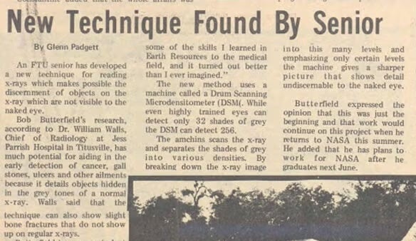 A newspaper clipping from the Central Florida Future featuring an article titled New Technique Found By Senior.
