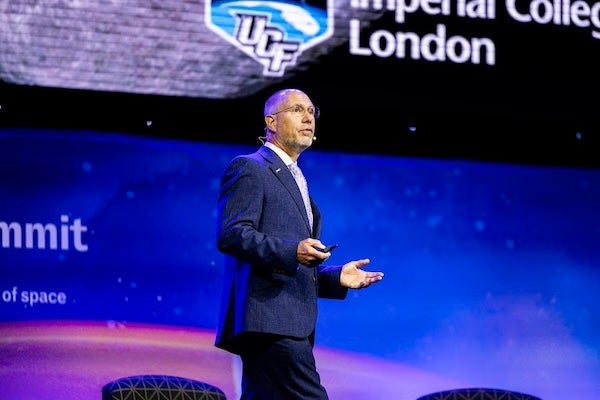 Associate Provost for Space Commercialization and Strategy Greg Autry speaking at the Economist’s Space Economy Summit, which was held on campus in Fall 2025 during UCF Space Week.