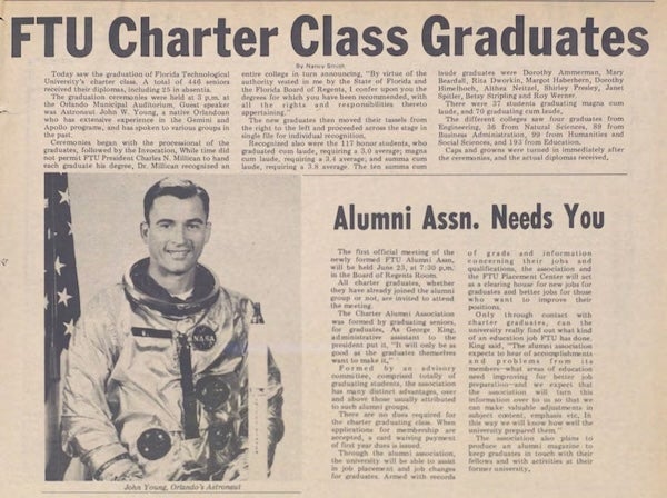 Newspaper clipping titled FTU Charter Class Graduates featuring a portrait of astronaut John Young and an article about the alumni association.
