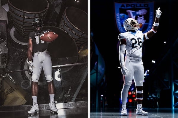 UCF’s inaugural Space Game uniform in 2017 (left) and the 10th anniversary Space Game uniform (right). The helmet included a picture of the surface of the moon sublimated in the UCF logo and included a special stripe down the center of the helmet.