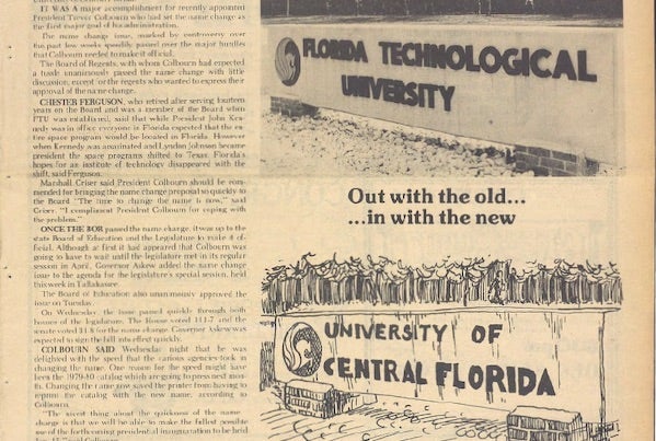 A 1978 newspaper page about the university’s name change, showing a photo of the Florida Technological University entrance sign above a drawing of a new University of Central Florida sign, with the caption Out with the old, in with the new.