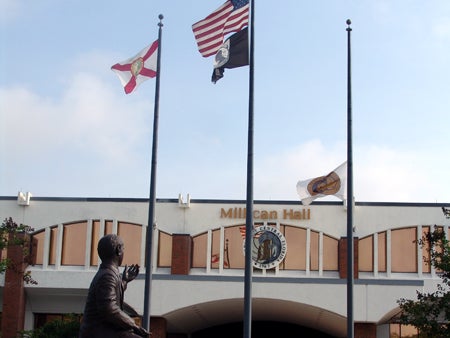 The UCF flag flew half mast honoring UCF Eternal Knights.