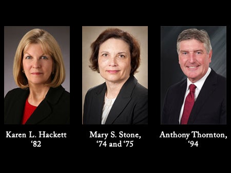 The 2011 College of Business Administration Hall of Fame inductees. From left to right: Karen L. Hackett, Mary S. Stone and Anthony Thornton.