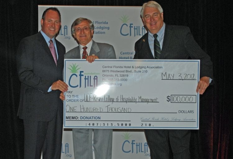 From left to right: CFHLA Chairman Scott Tripoli, General Manager of the Crowne Plaza Orlando-Universal; Dr. Abe Pizam, Dean of UCF's Rosen College of Hospitality Management; Rich Maladecki, CFHLA President / CEO