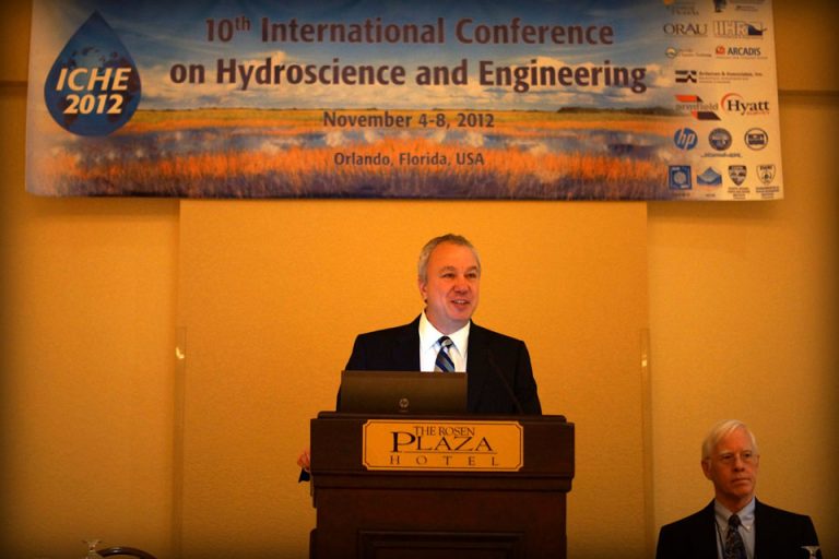 Conference Chair Scott C. Hagen speaks at the International Hydroscience Conference held at the Rosen Plaza Hotel in Orlando.