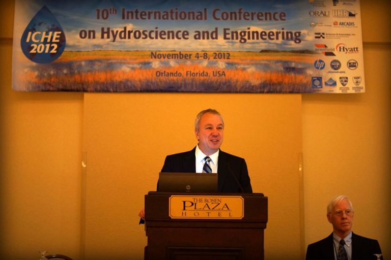 Conference Chair Scott C. Hagen speaks at the International Hydroscience Conference held at the Rosen Plaza Hotel in Orlando.
