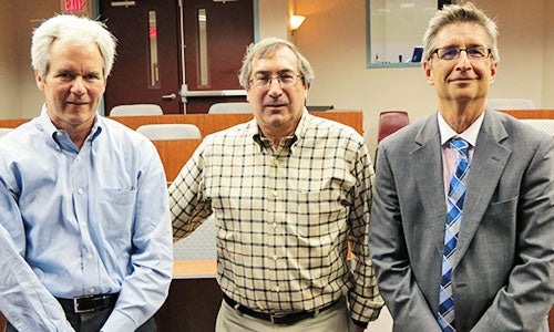 Left to right: Dr. Mark Dickie, chair, Department of Economics; Dr. William H. Greene, Robert Stansky Professor of Economics at Stern School of Business, New York University; Dr. Paul Jarley, dean.