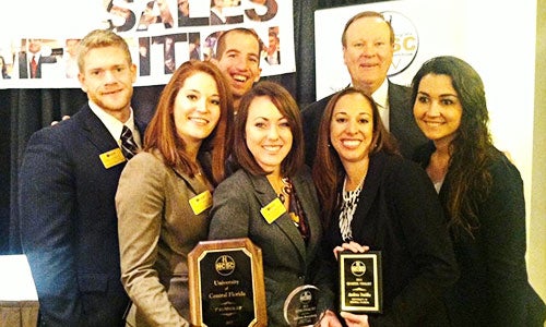 The UCF NCSC team. Back row: Will Doherty, Brian Charif, Coach Bill Steiger. Front row: Noelle Cipollini, Kathleen Rosensweig, Andrea Dattilo, Kira Schmidt. Not pictured: Coach Cyndi Gundy.