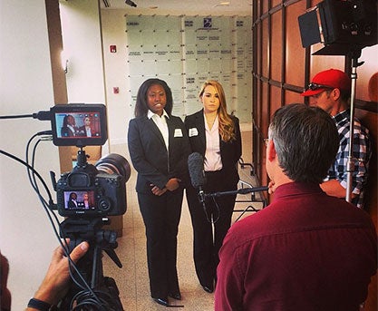 Taylor Cheeley and Nicole Enterlein are interviewed after receiving first place in USF's State of Florida Healthcare Innovation Competition.