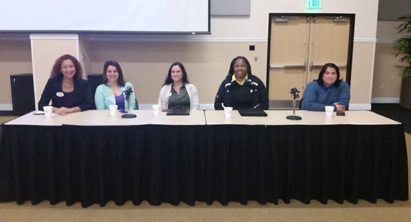 L-R Panel: Cyndia Morales, Multicultural Academic and Support Services; Stephanie Hartkopf, Housing and Residence Life; Lacey Carter, Recreation and Wellness Center; Andrea Snead, RWC; Vivian Ortiz, Student Development and Enrollment Services