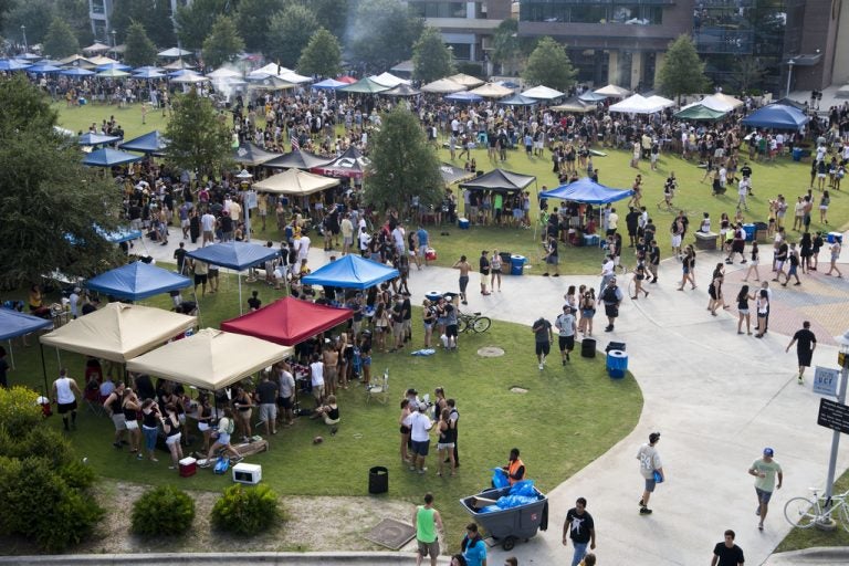 aerial shot of tailgating at Memory Mall