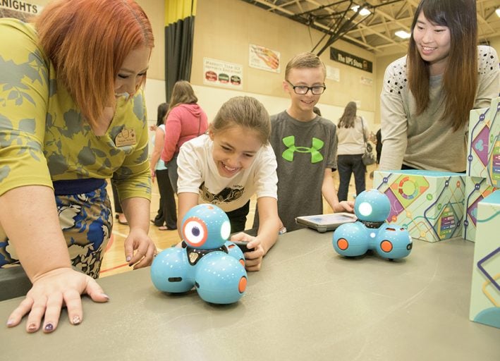 More than 100 attendees learned to code at UCF's inaugural Hour of Code event, led by assistant professor Megan Nickels (left). Photo: Amy Floyd, UCF College of Education and Human Performance