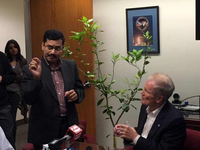 UCF professor Swadeshmukul Santra, left, explains his research into curing citrus greening at a news conference with U.S. Sen. Bill Nelson, right.