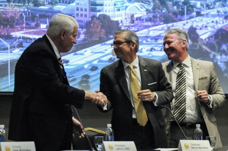 UCF President John C. Hitt, UCF Board of Trustees Chairman Marcos Marchena, and Orlando Mayor Buddy Dyer after Wednesday's Board of Governor's vote. (Photo by Nick Russett/UCF)