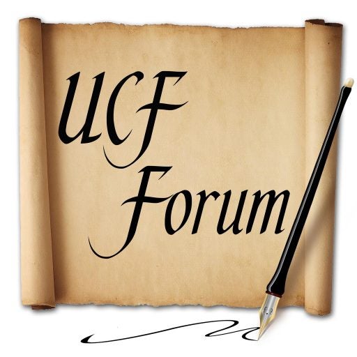 brown scroll of paper with old style ink pen, with words "UCF Forum" in black calligraphy