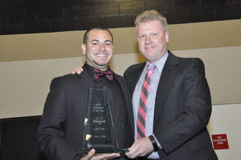 R-L: Jim Wilkening,director RWC, and CJ Stancheski who was the 2015-2016 RWC Employee of the year has accepted a graduate assistant position at Texas A&M University.