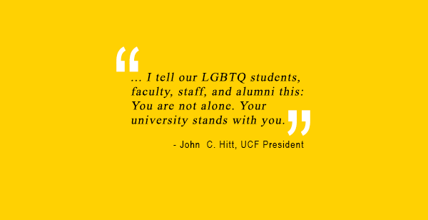 president hitt quote gold background , black lettering "...I tell our LGPTQ students, faculty, staff, and alumni this: You are not alone. Your university stands with you."
