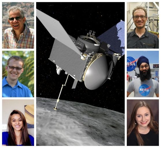 UCF and Space: The OSIRIS-REx spacecraft and, clockwise from top left, professor Humberto Campins, associate professor Yan Fernandez, Mars One finalist Taranjeet Singh Bhatia, junior Sarah Schreck, senior Rozina Sheikh and Mars One finalist George Hatcher.