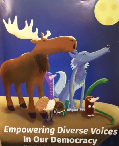 ucf diversity week flyer with illustrated moose, wolf and other small animals looking up at a full moon. white words written at bottom "empowering diverse voices"