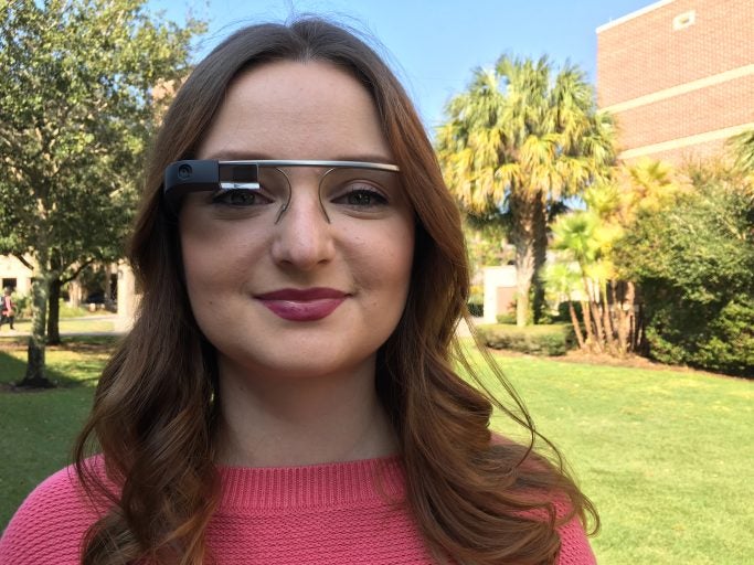 UCF doctoral student Joanna Lewis wearing Google Glass that was used in her research.