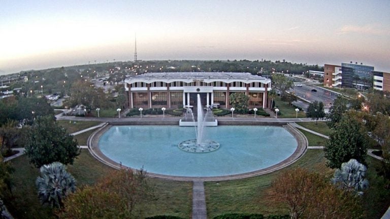 aerial view of millican hall and reflecting pond