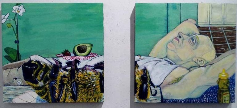 “When You Remember That Bees Are Dying at an Alarming Rate” (2016), a 24”x24” acrylic on canvas diptych by UCF student Chris Rivera.