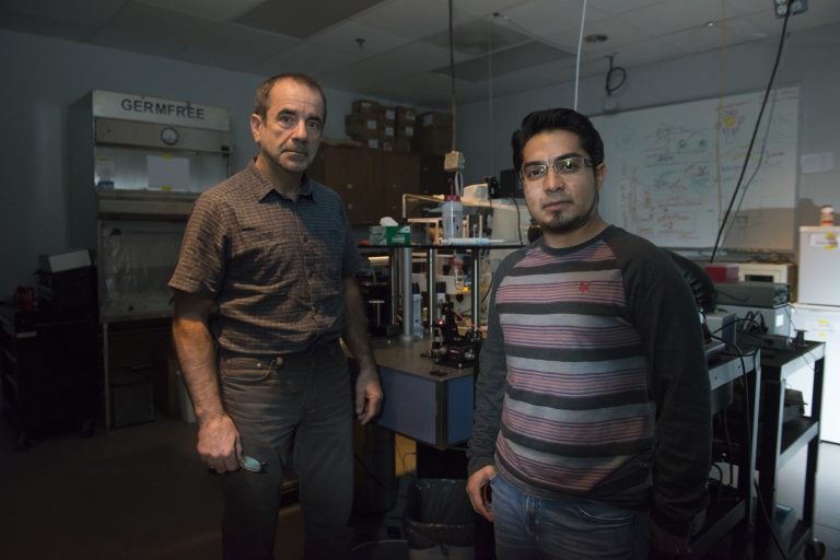 Pegasus Professor Aristide Dogariu, left, and doctoral student Jose Rafael Guzman-Sepulveda have developed a real-time blood monitor that's been tested during open-heart surgery on infants.
