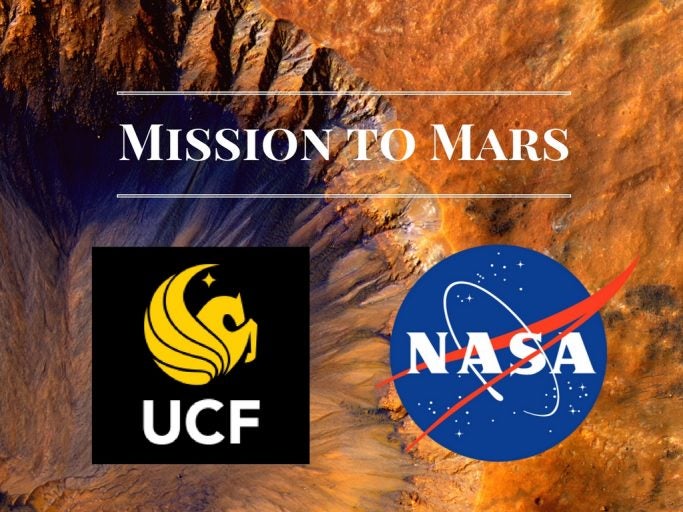 background of mars with white lettering 'MISSIONS TO MARS" with the UCF and NASA logos below