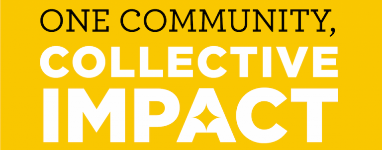 gold background with words in black and white: one community, collective impact