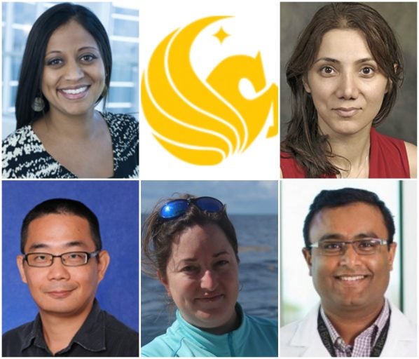 Recipients of the Reach for the Stars award, clockwise from top left, are professors Sejal Mehta Barden, Mercedeh Khajavikhan, Shadab Siddiqi, Kate Mansfield and Mingjie Lin.