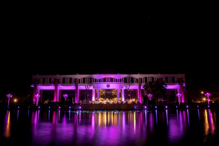 millican hall lit up purple