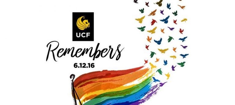 ucf logo with the word "remembers .12.16" above a rainbow flag turning into birds