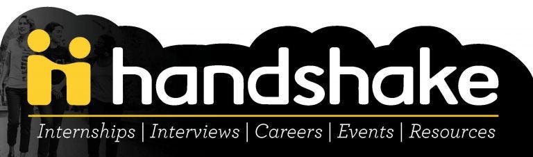 handshake logo: white words "handshake, internships, interviews, careers, events, resources" on black background