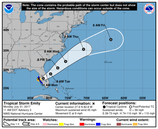 The 11 a.m. Monday, July 31, forecast of Tropical Storm Emily from the National Weather Service.